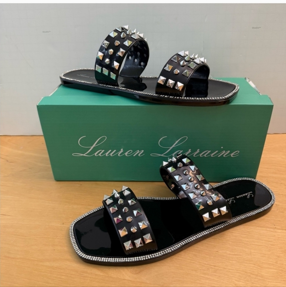 NIB Lauren Lorraine Black Studded Gel Sandals Studley Black Women's Size 9